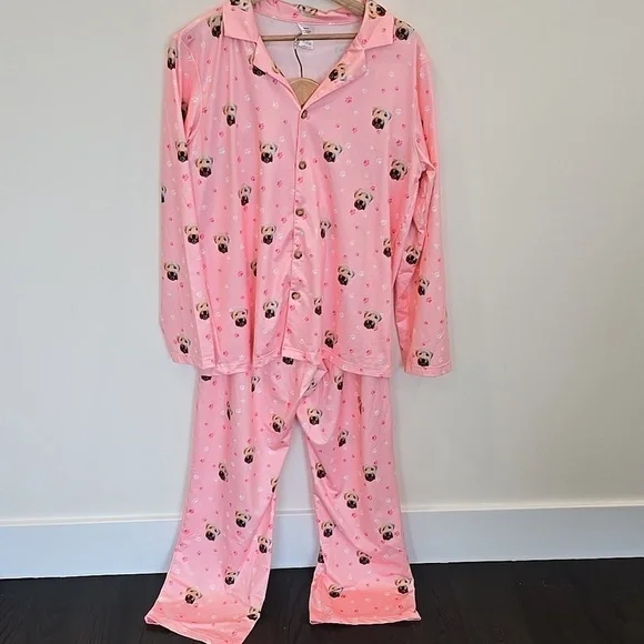 Cuddle Clones Wheaten Terrier Dog Pink Satin Pajamas Long Sleeve Top Pants Set
